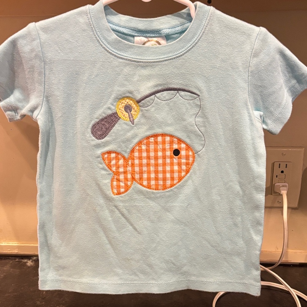 Kids Light Blue Fishing Fish Appliqué Tee